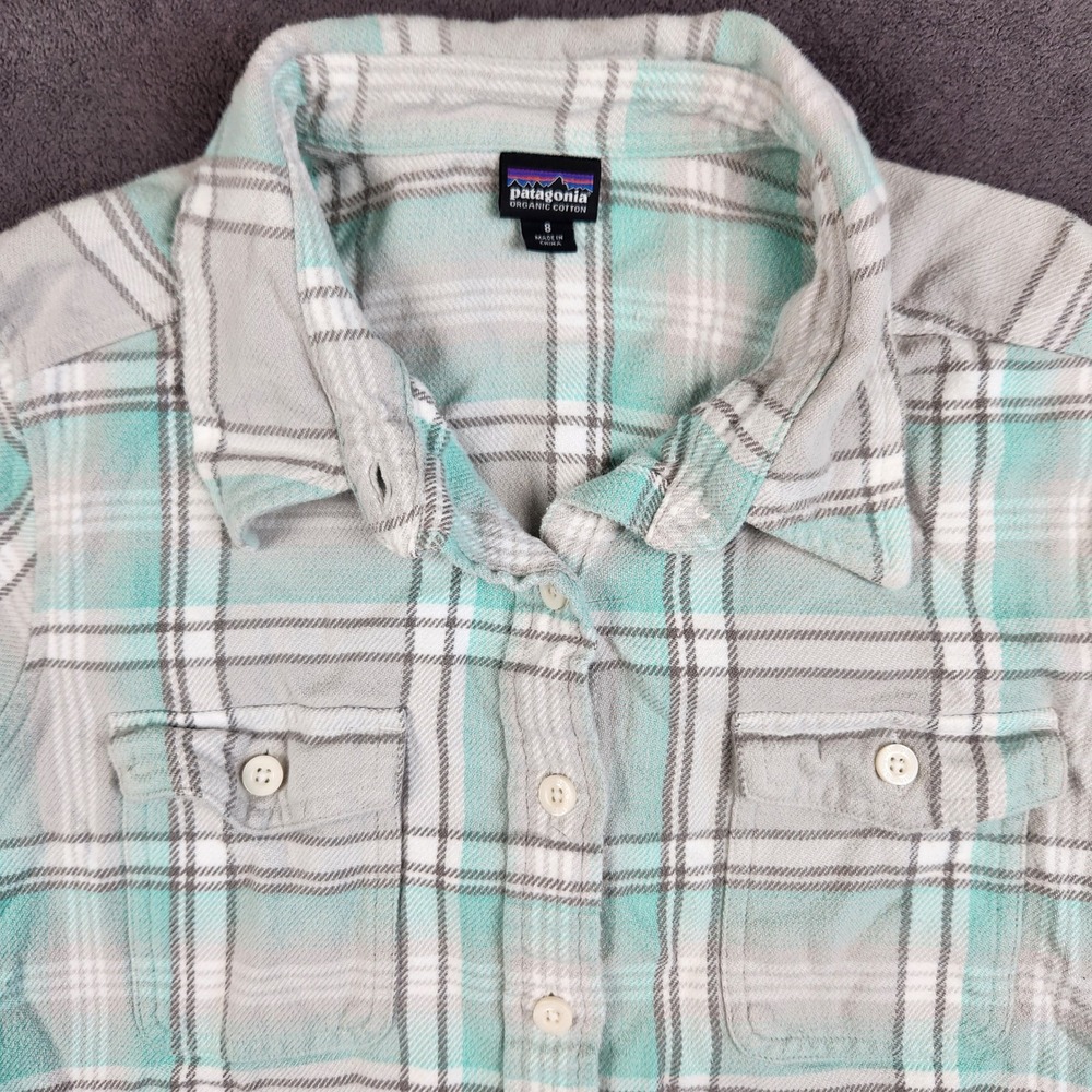 Patagonia Fjord Flannel Shirt Womens 8 Aqua Grey Plaid Organic Cotton 53915
